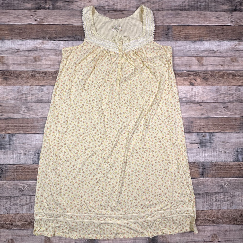 Aria Collection Women's Nightgown Yellow Floral Sleeveless‎ Lace Trim Large